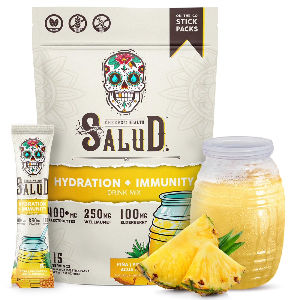 Taste Salud 2-in-1 hydration packets with pineapple flavor for on-the-go hydration and immunity support.
