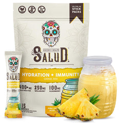 Taste Salud 2-in-1 hydration packets with pineapple flavor for on-the-go hydration and immunity support.