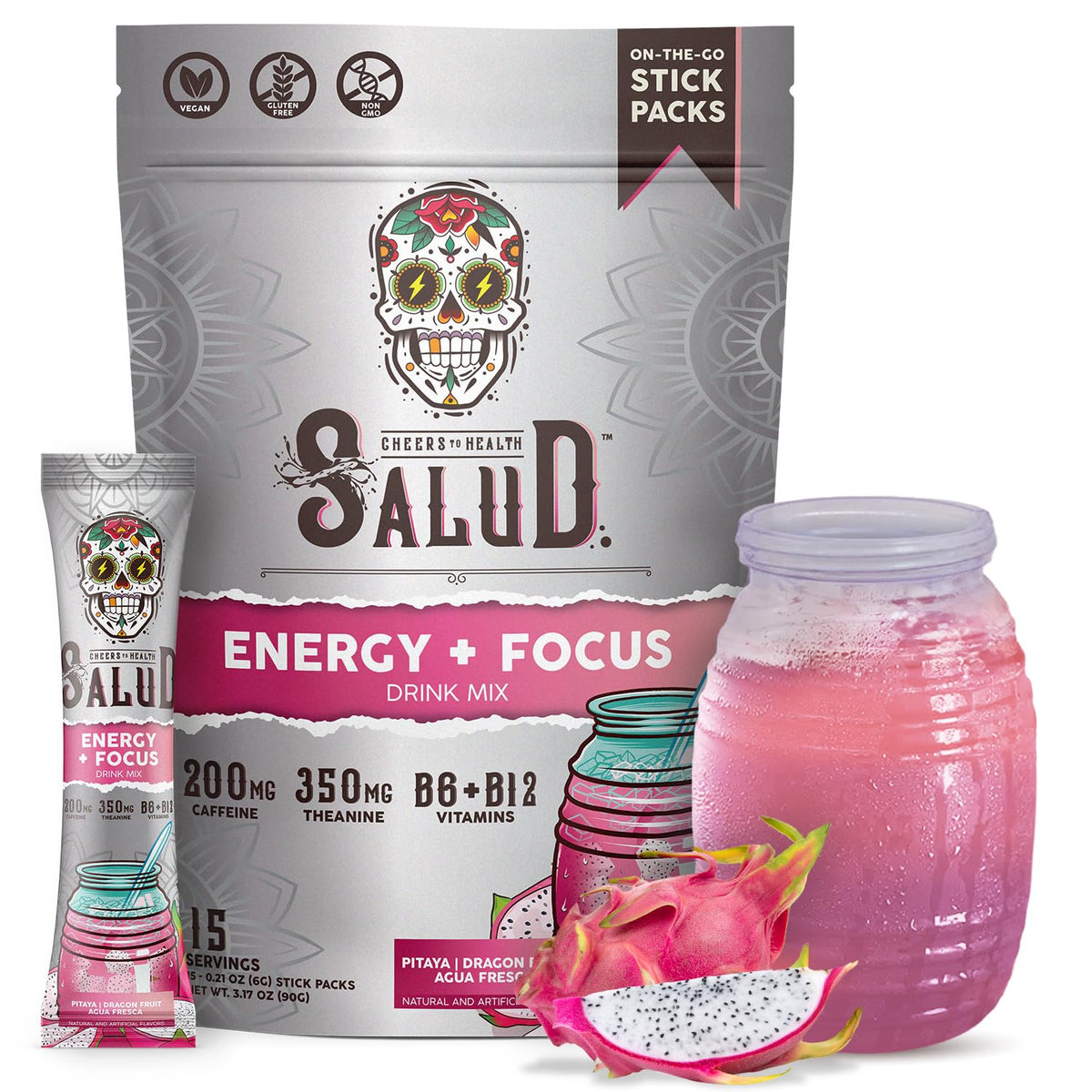 Taste Salud dragon fruit energy packets for on-the-go focus and clean energy.