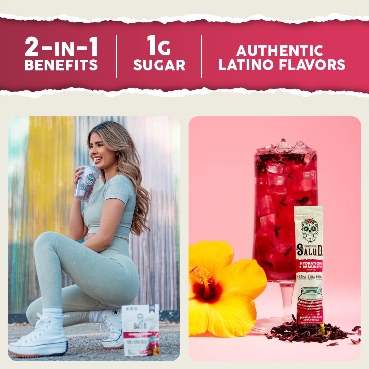 Taste Salud drink mix on the go image showing refreshing hibiscus flavor.