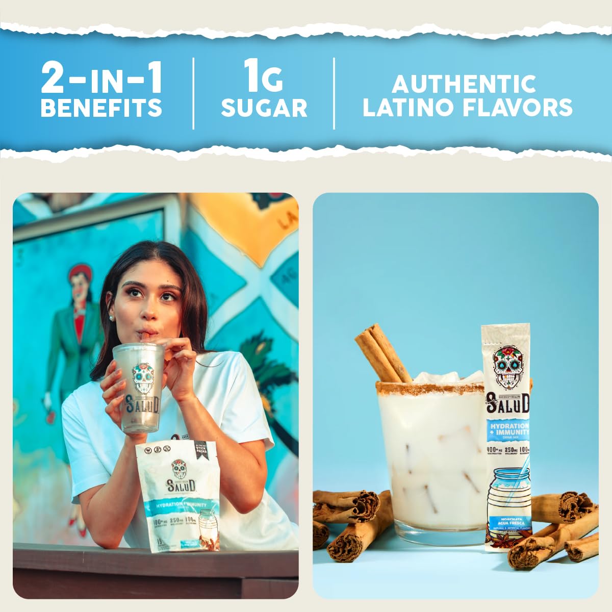 Taste Salud immunity electrolyte powder tub displayed with labeled ingredients.