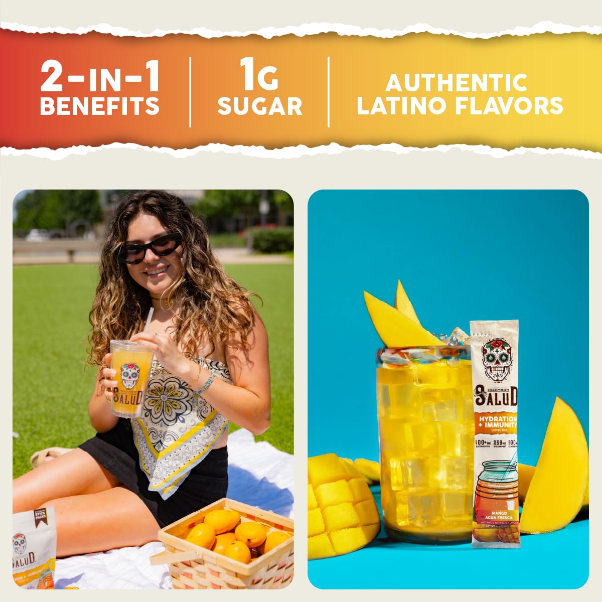 Taste Salud mango electrolyte powder highlighting on-the-go hydration and immune support.