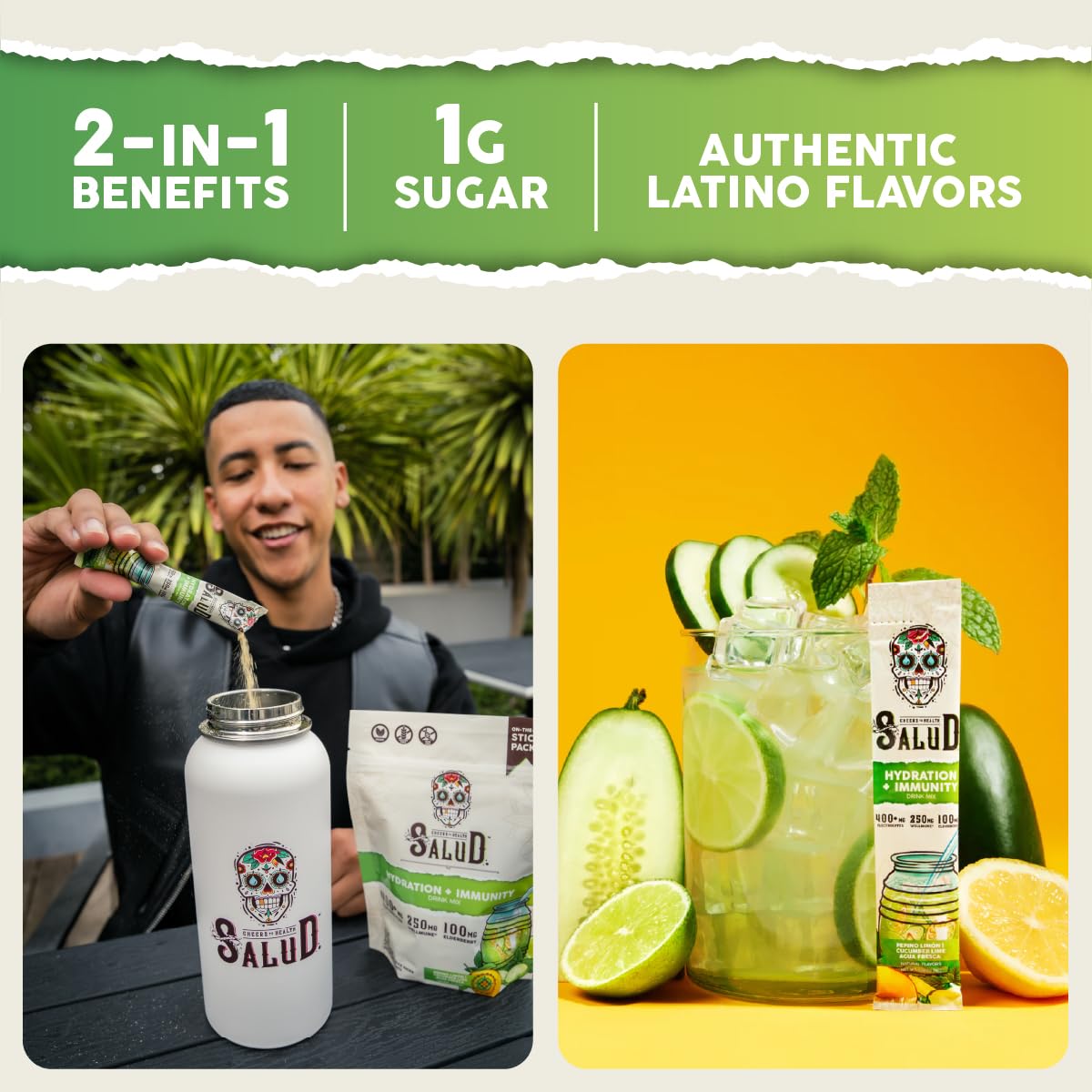Taste Salud immunity electrolytes powder highlights electrolyte blend for daily energy.