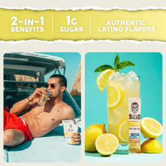 Taste Salud packet poured into water to create a flavorful electrolyte drink