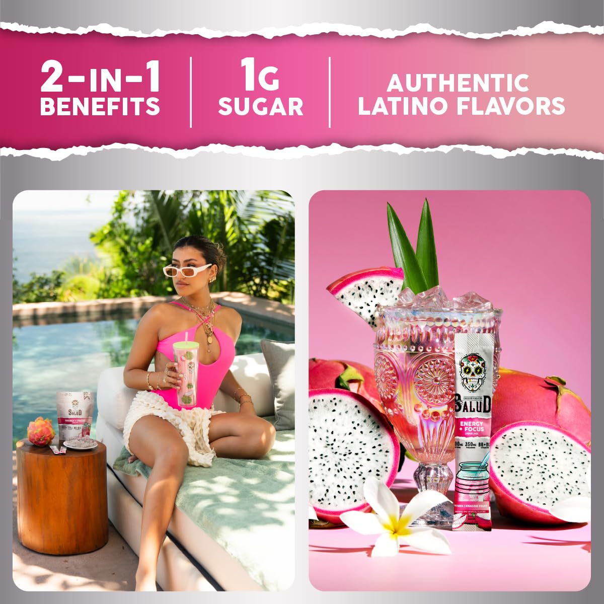 Taste Salud pitaya agua fresca mixer showing refreshing flavor with low sugar.