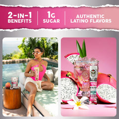 Taste Salud pitaya agua fresca mixer showing refreshing flavor with low sugar.