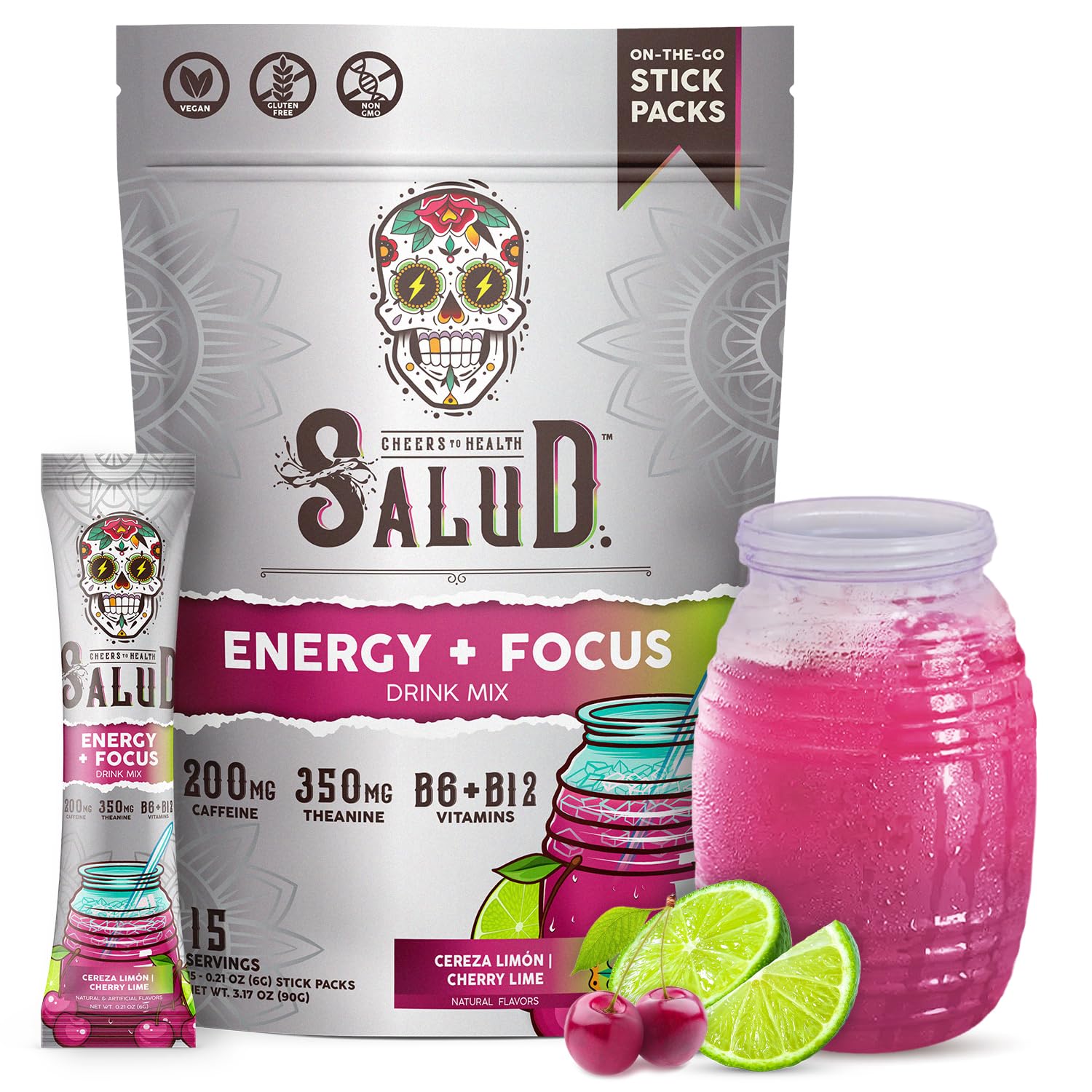 Taste Salud 2-in-1 energy drink powder in cherry lime front view, ready for a refreshing boost.