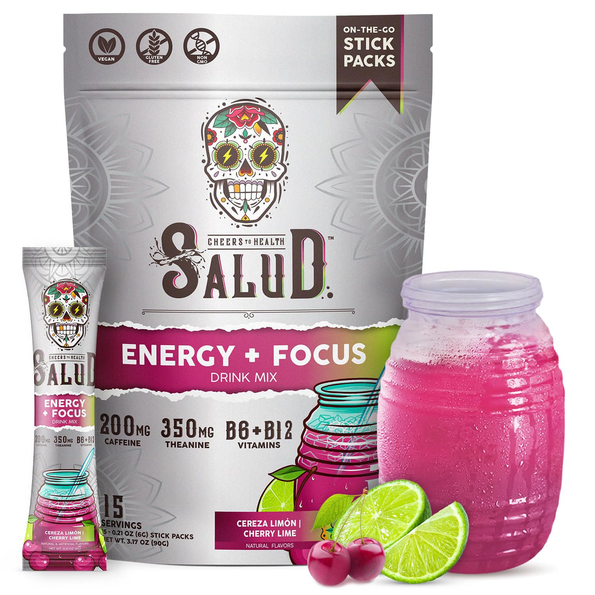 Taste Salud 2-in-1 energy drink powder in cherry lime front view, ready for a refreshing boost.