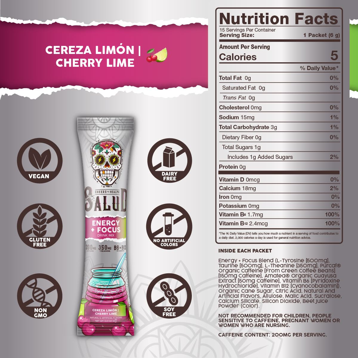 Taste Salud 2-in-1 energy drink powder cherry lime glass-mix highlights refreshing, ready-to-drink flavor.