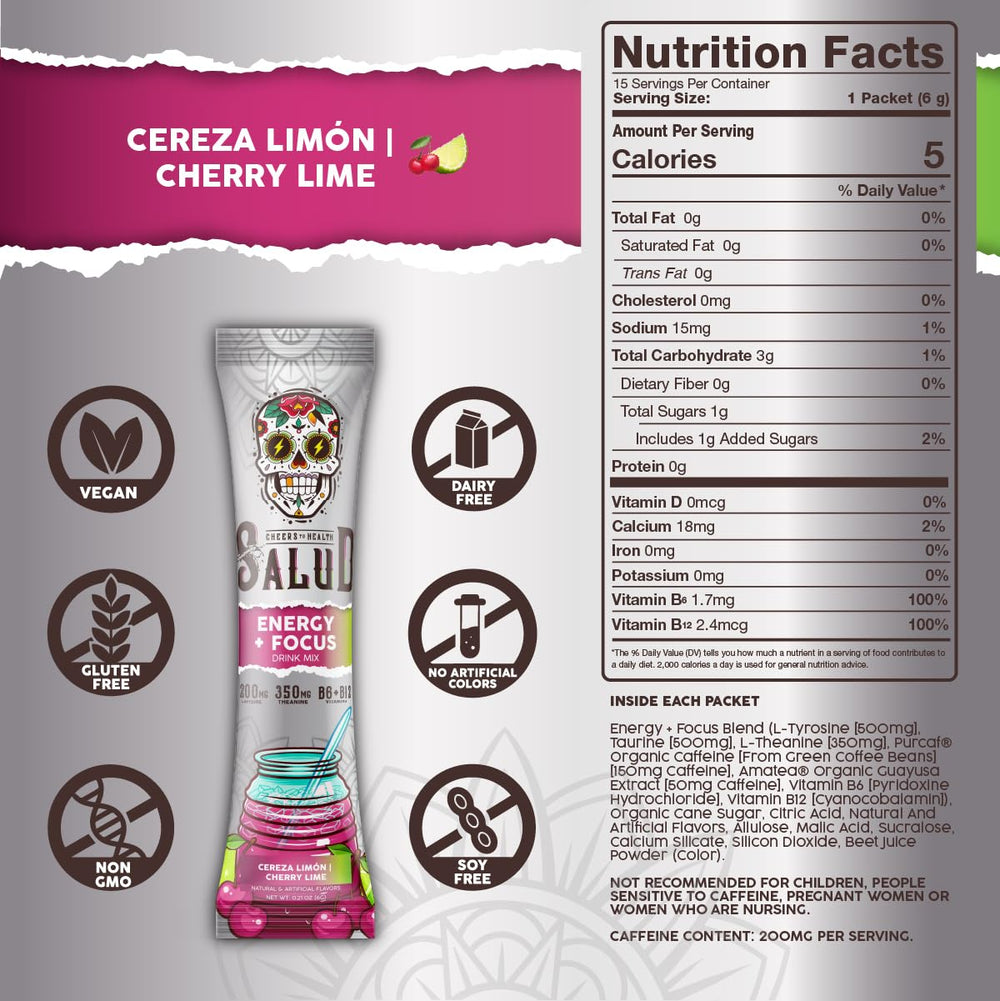 Taste Salud 2-in-1 energy drink powder cherry lime glass-mix highlights refreshing, ready-to-drink flavor.