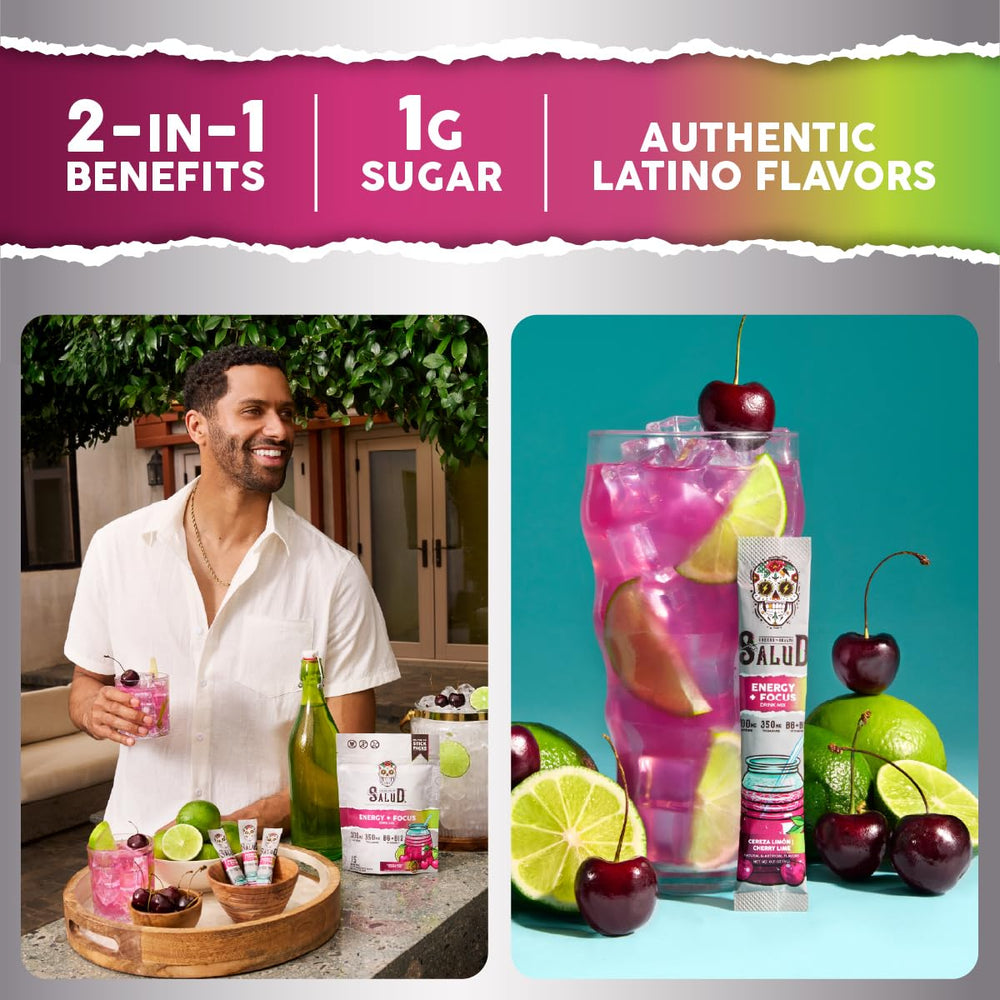 Taste Salud 2-in-1 energy drink powder cherry lime pour showcases easy mix for focused moments.