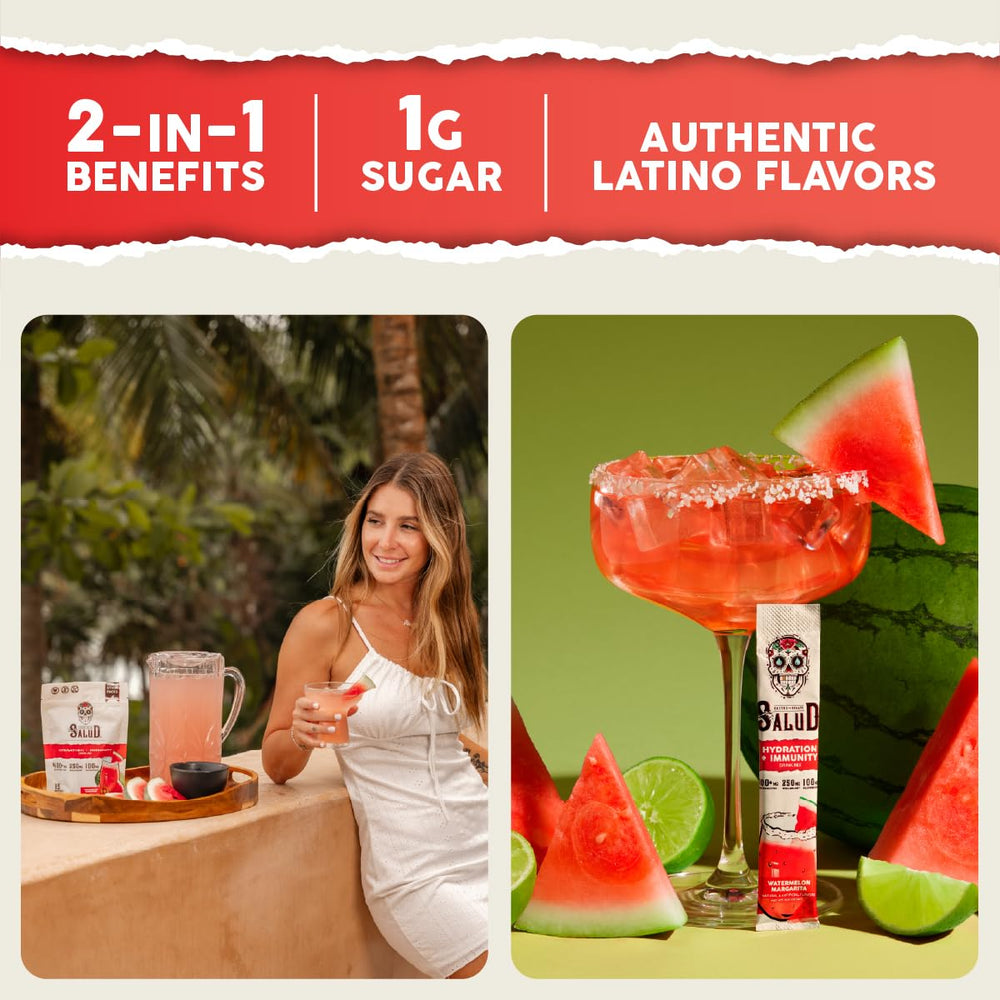 Taste Salud watermelon margarita drink mix close-up highlighting low sugar and calories.
