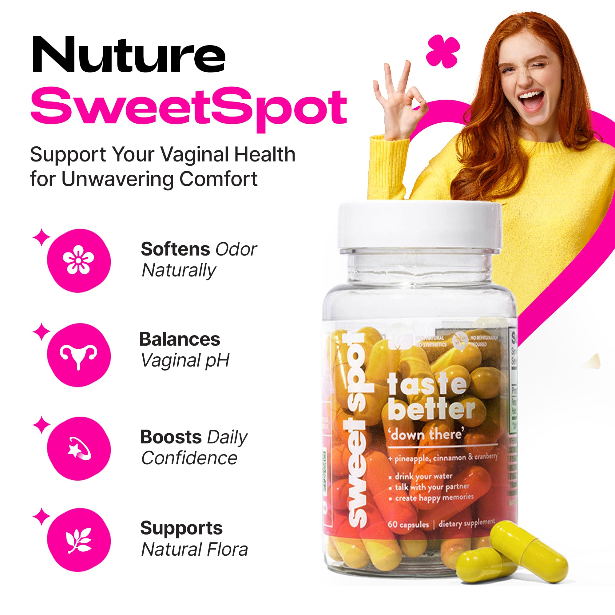 Taste The Sweet Spot capsules close-up highlighting vegan, sugar-free formula.