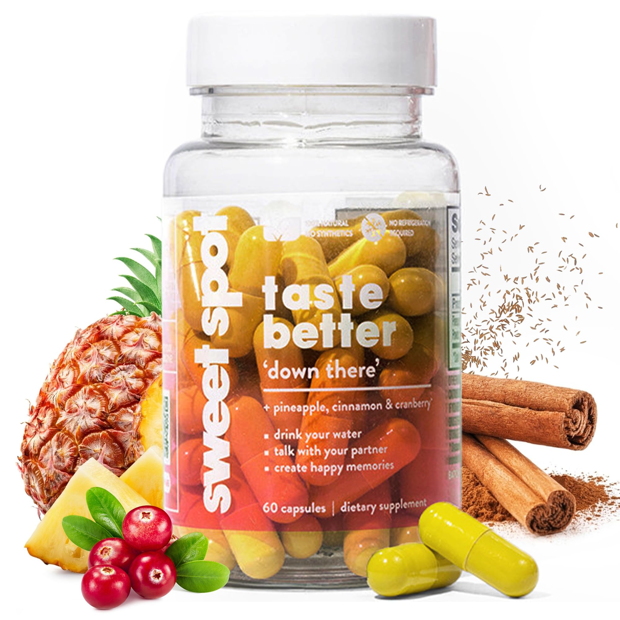 Taste The Sweet Spot pineapple-cranberry capsules bottle supports daily feminine balance.