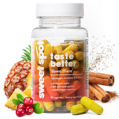 Taste The Sweet Spot pineapple-cranberry capsules bottle supports daily feminine balance.