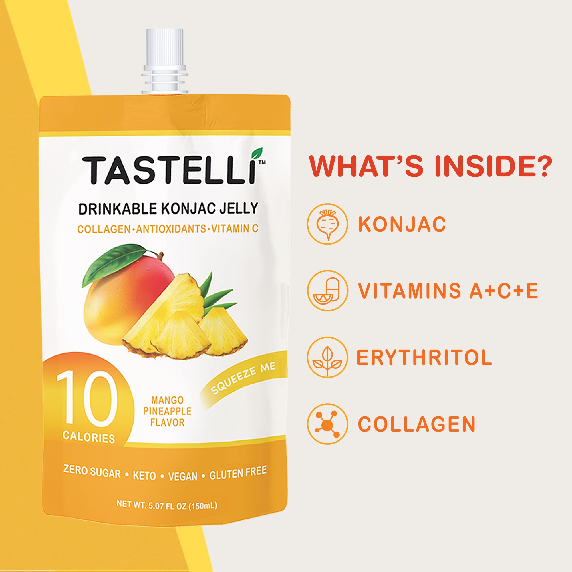 Close-up pour of Tastelli konjac jelly mango pineapple into glass