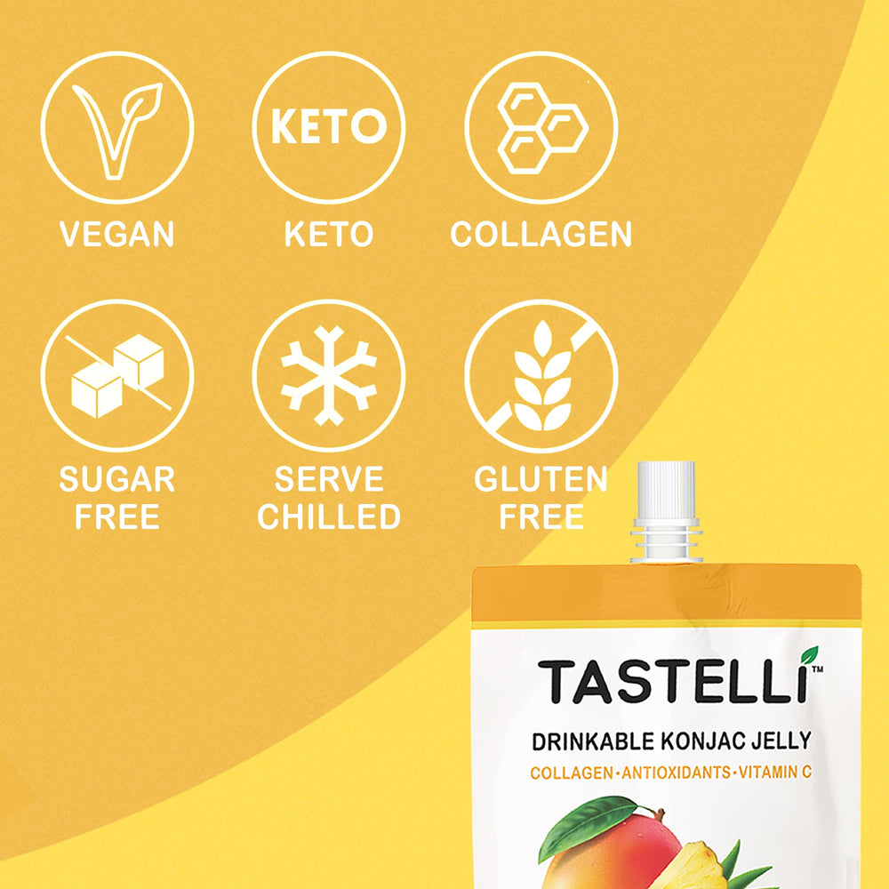 Texture close-up of Tastelli konjac jelly showing plant fiber consistency