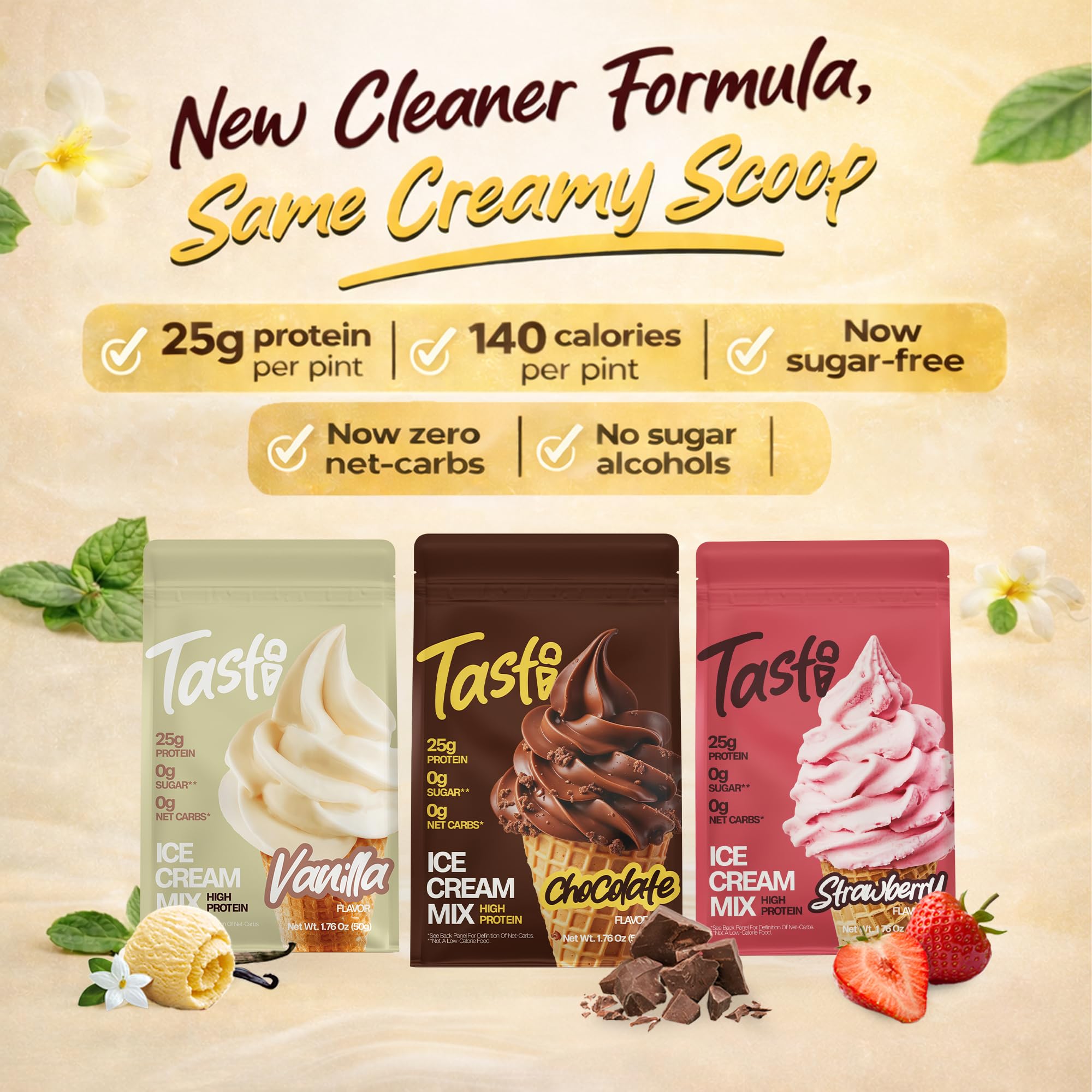 TASTI six-pack display front features three flavors for variety.