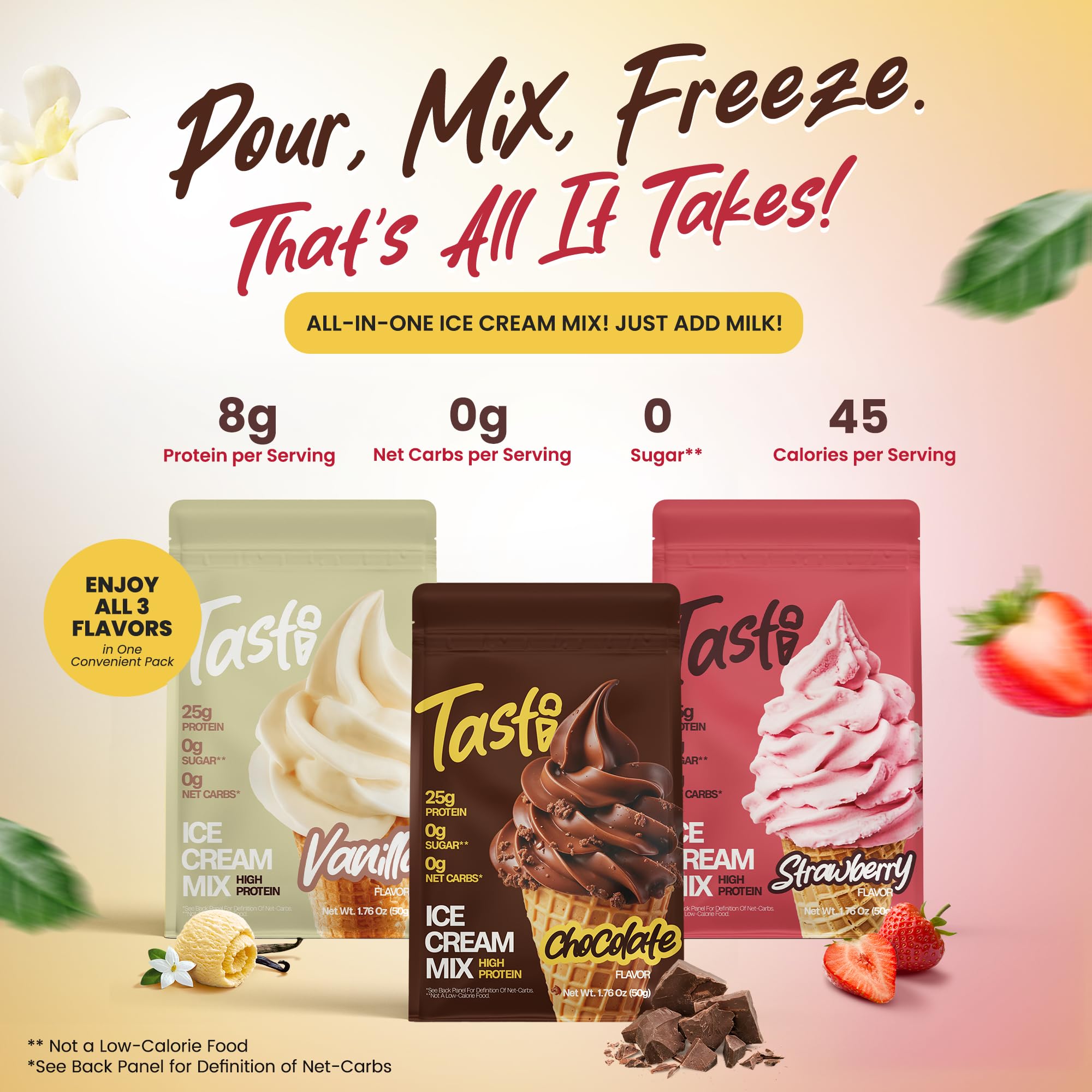 TASTI strawberry protein ice cream mix pint for fruity, protein-packed dessert.