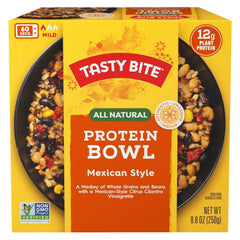 Tasty Bite Mexican Protein Bowl ingredients close-up: black and white beans, brown rice, quinoa.