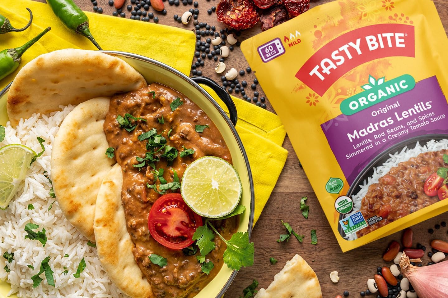 Tasty Bite Channa Masala ready-to-serve, highlighting chickpeas and bold spices.