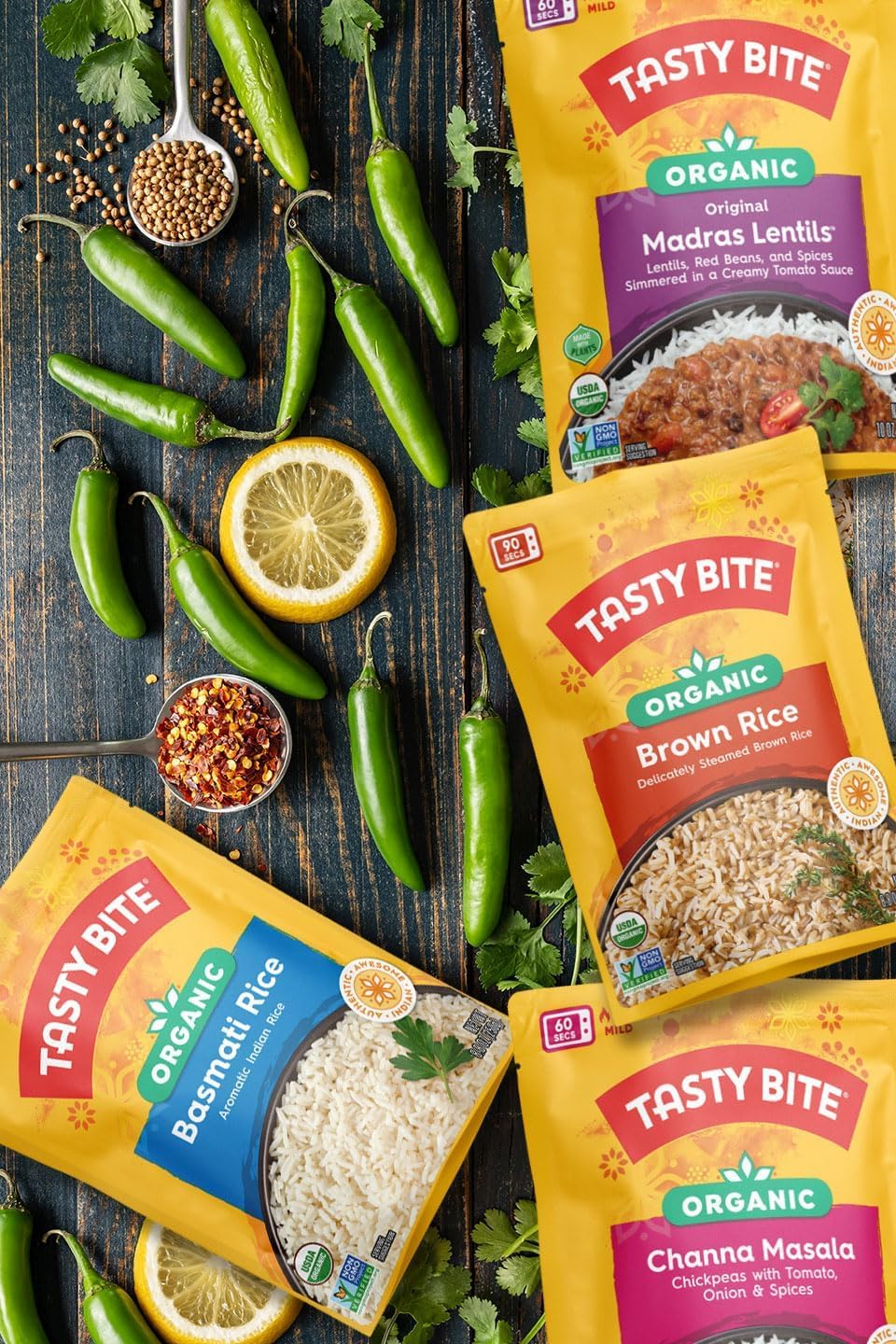 Tasty Bite Indian cuisine – microwave-ready entrée with authentic flavors.
