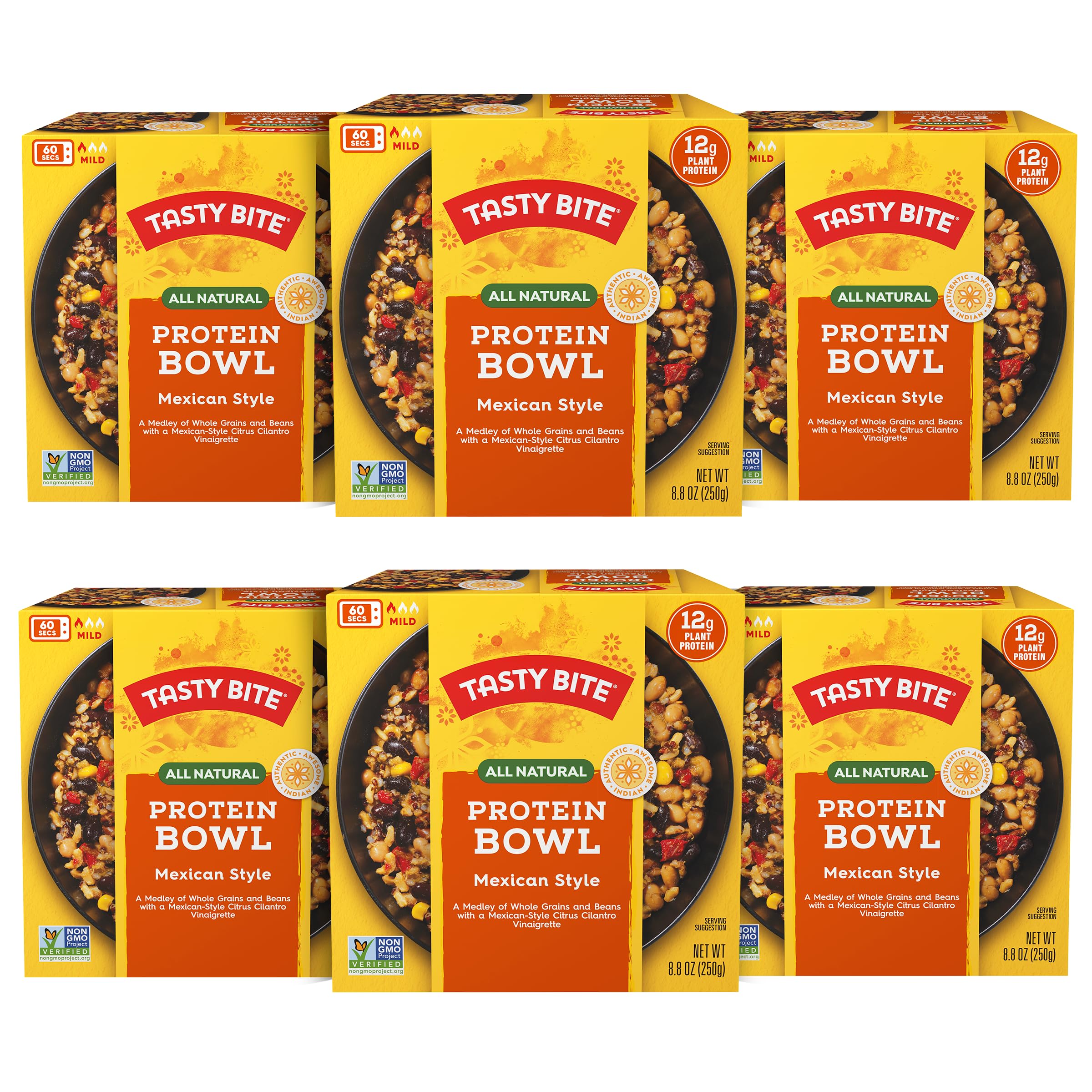 Tasty Bite Mexican Protein Bowl ready-to-eat with colorful beans and rice.