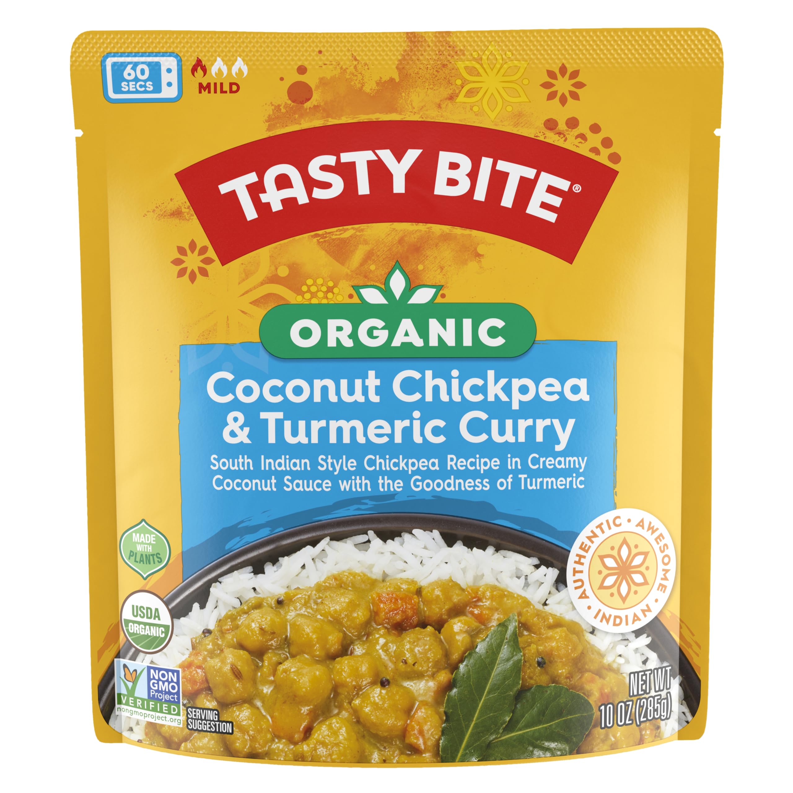 Tasty Bite Organic Coconut Chickpea Curry bowl highlighting creamy texture and plant-based protein.