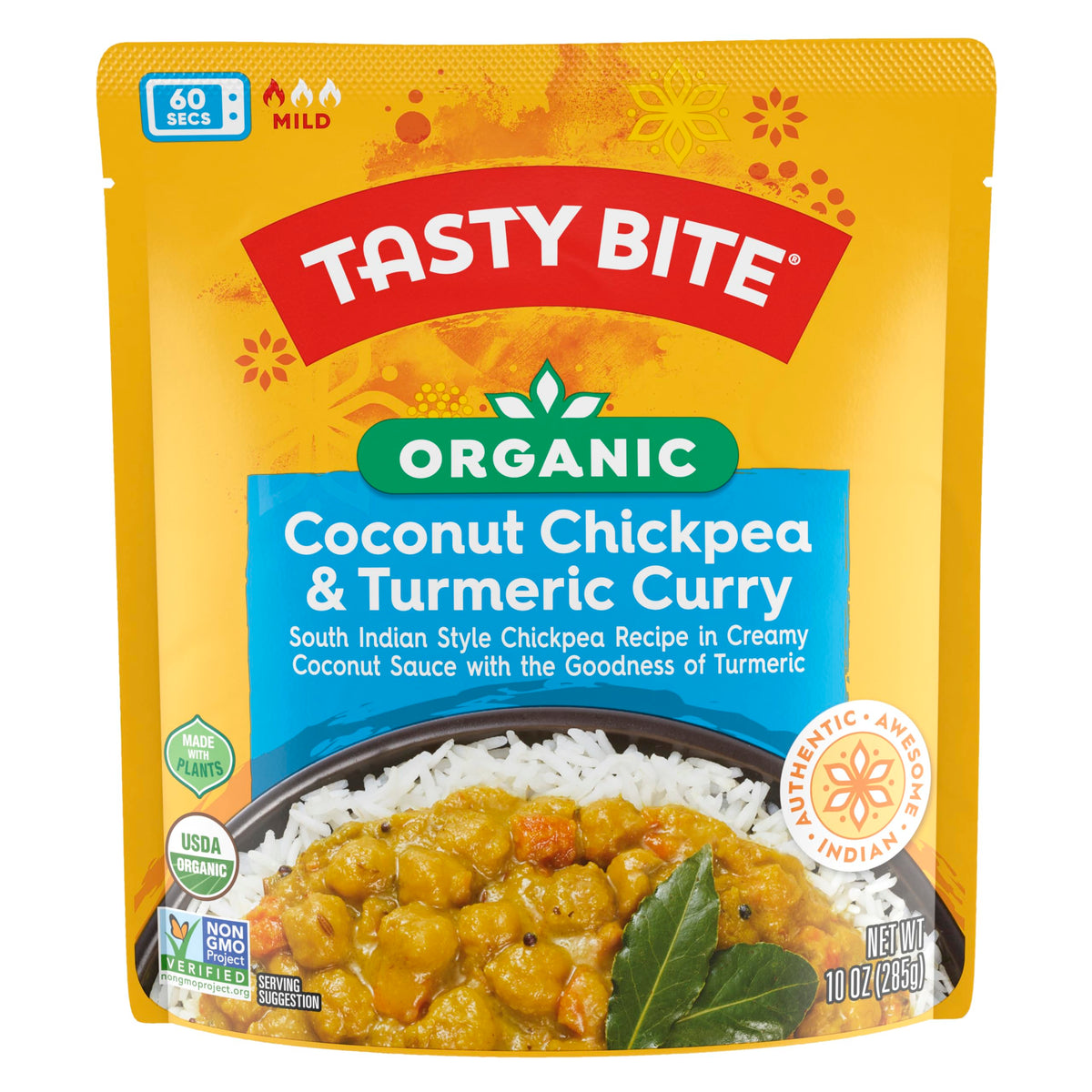 Tasty Bite Organic Coconut Chickpea Curry bowl highlighting creamy texture and plant-based protein.