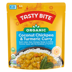 Tasty Bite Organic Coconut Chickpea Curry bowl highlighting creamy texture and plant-based protein.