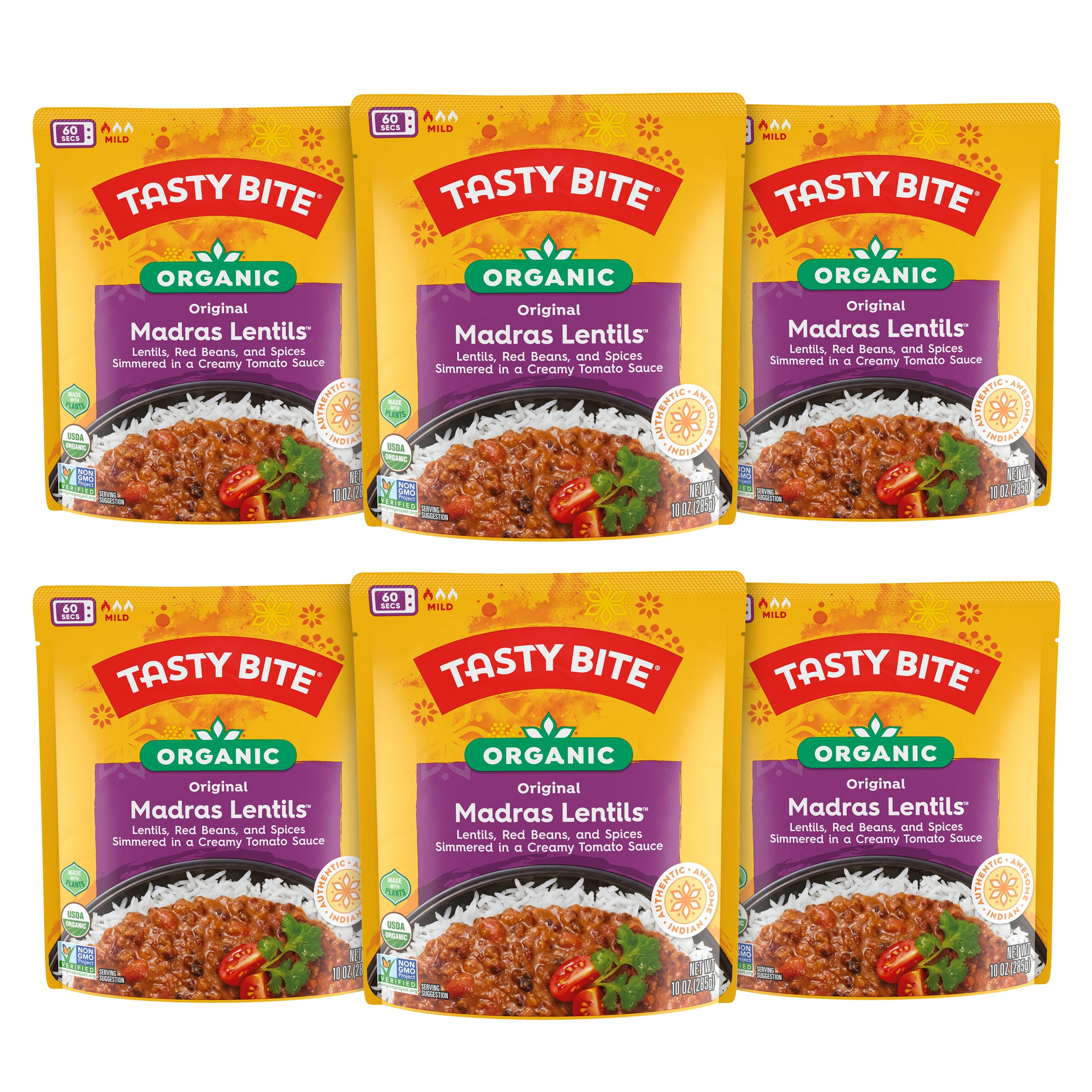 Tasty Bite Organic Madras Lentils pack – ready to heat for a quick vegan meal.