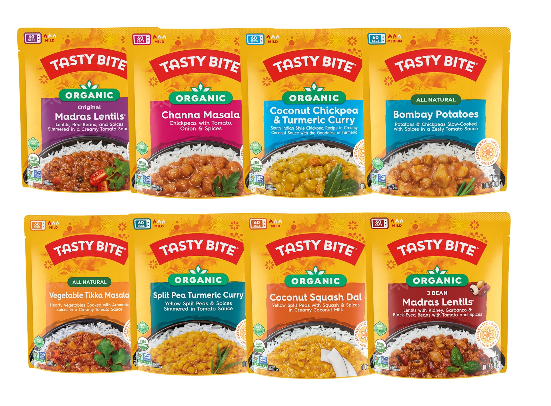 Tasty Bite variety pack entrée assortment featuring Madras Lentils and more for quick dinners.