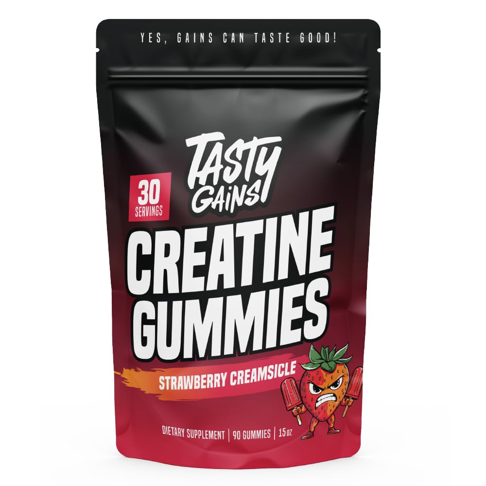 TASTY GAINS creatine gummies 1g per serving for steady workout energy.