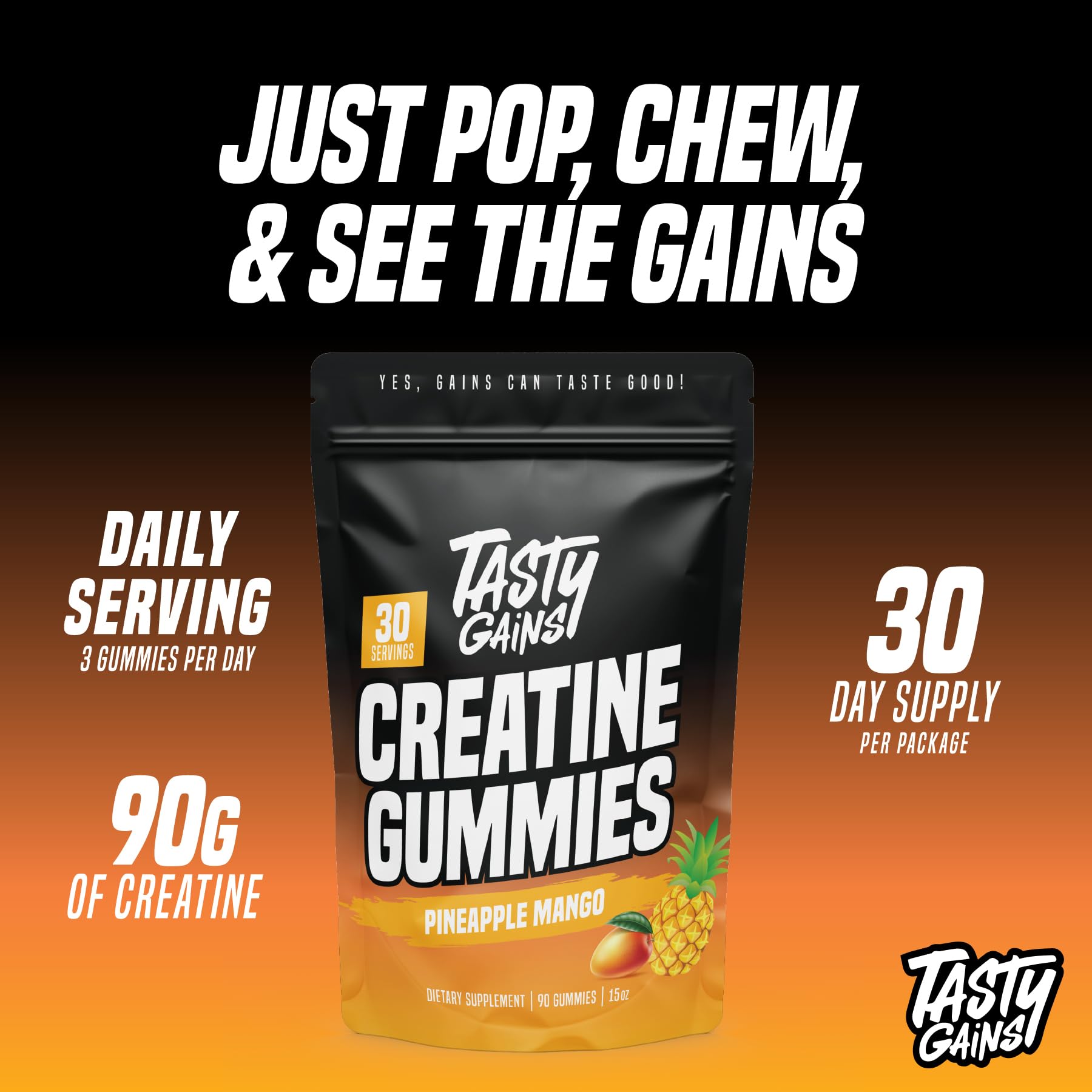 Bottle of TASTY GAINS Creatine Gummies with pineapple mango flavor.