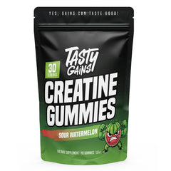 TASTY GAINS Creatine Gummies bottle with 1g per gummy for on-the-go dosing.