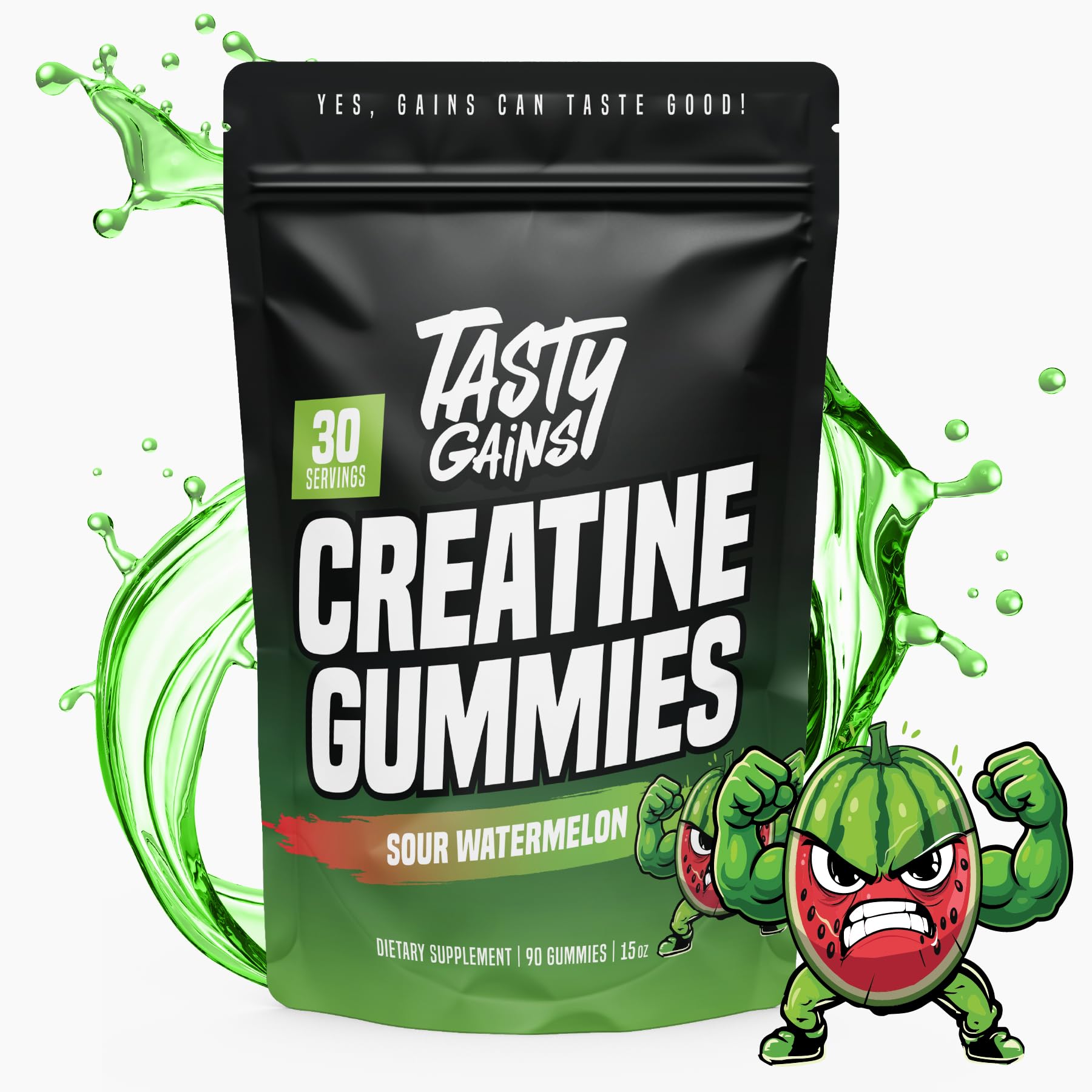 Close-up of TASTY GAINS Creatine Gummies showing chewy texture and color.