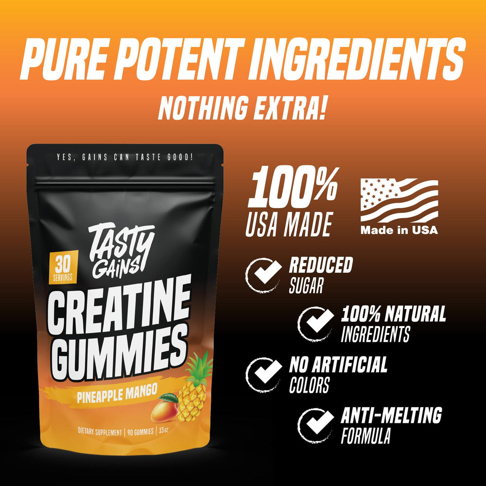 Ingredient panel highlighting creatine monohydrate and vegan formula.