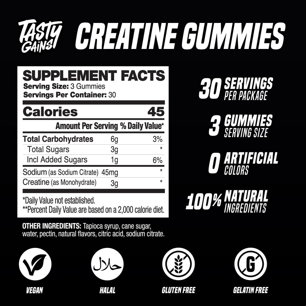 Made in USA label on TASTY GAINS Creatine Gummies bottle.