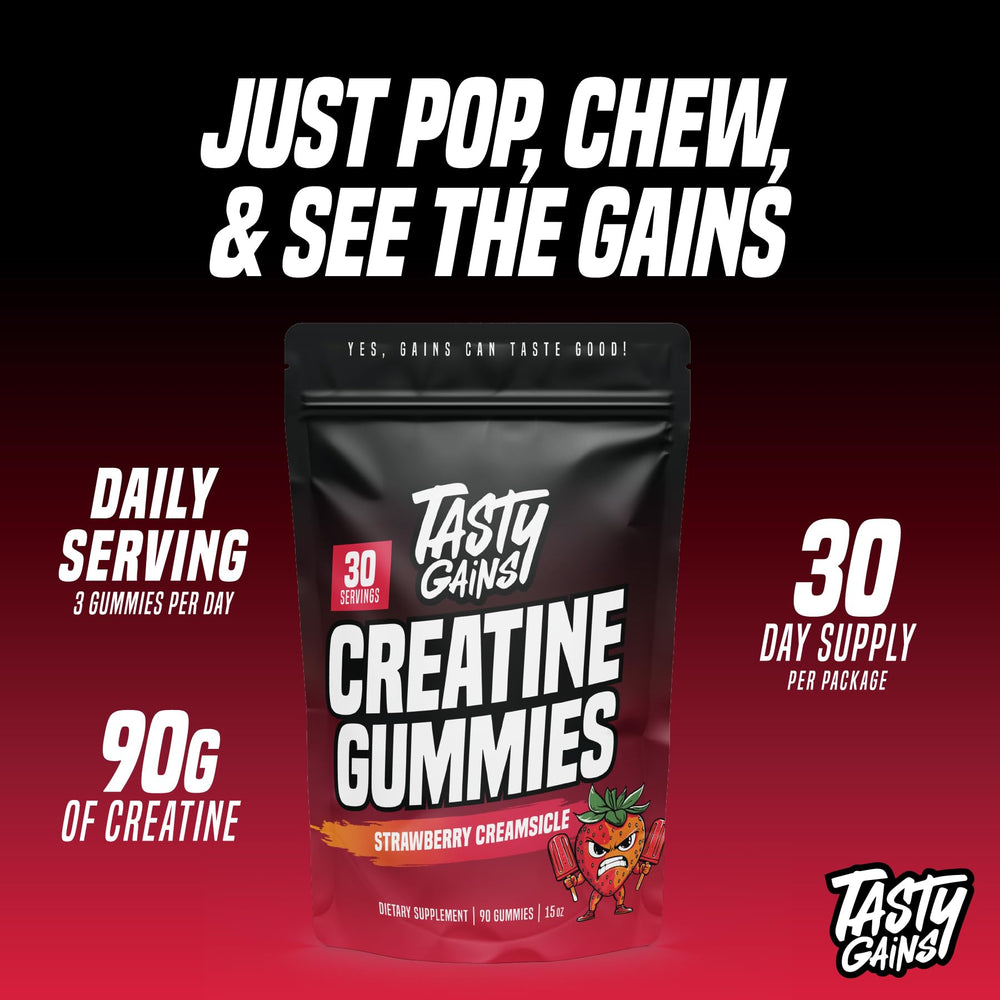 TASTY GAINS creatine gummies support muscle growth during training.