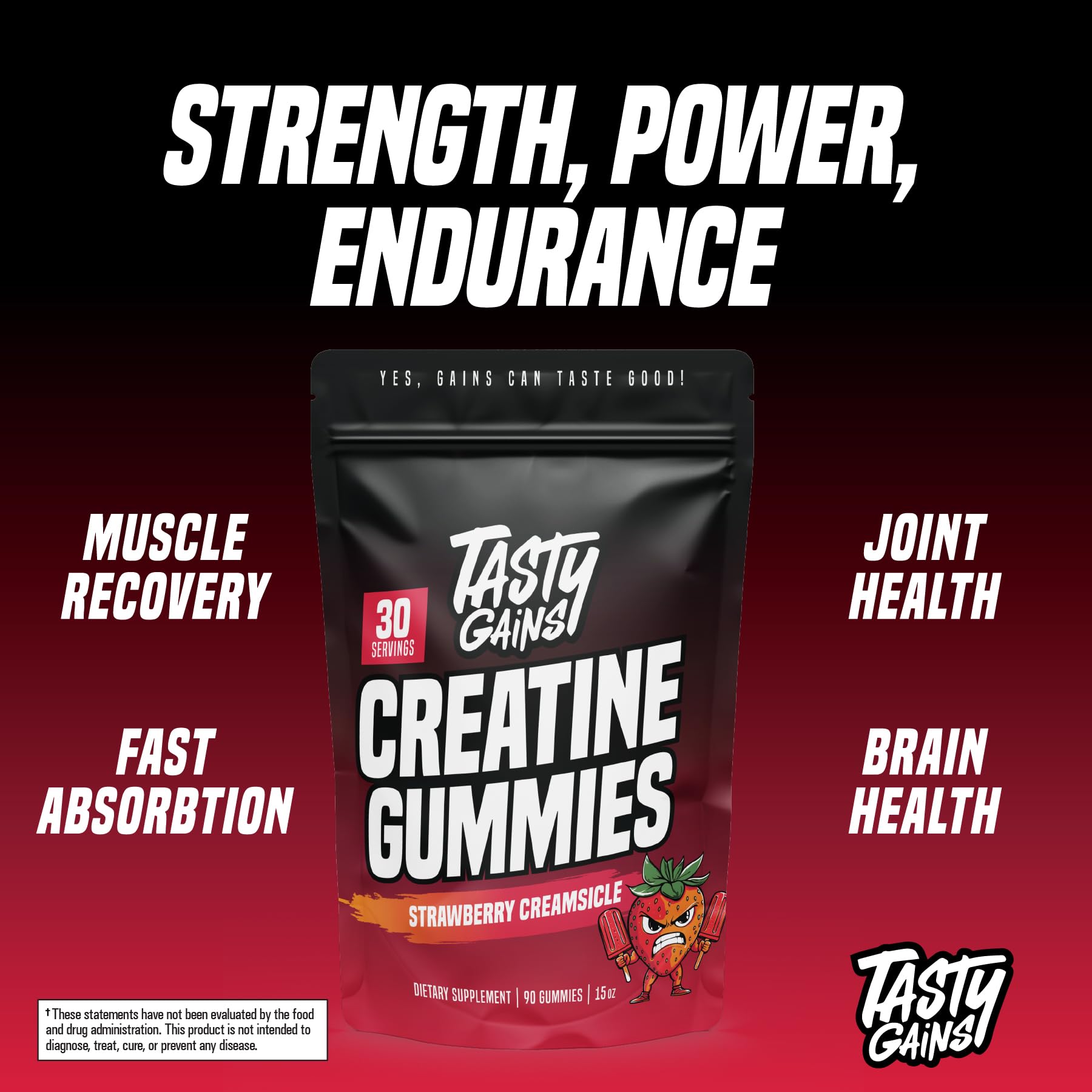 TASTY GAINS creatine gummies are non-GMO and easy to use.