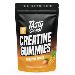 TASTY GAINS Creatine Gummies pack close-up showing gummy texture and color.