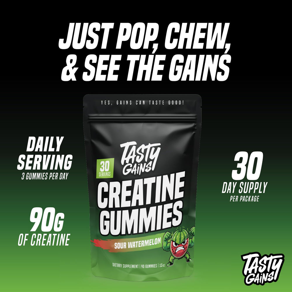 Packaging for TASTY GAINS Creatine Gummies highlighting vegan and gluten-free status.