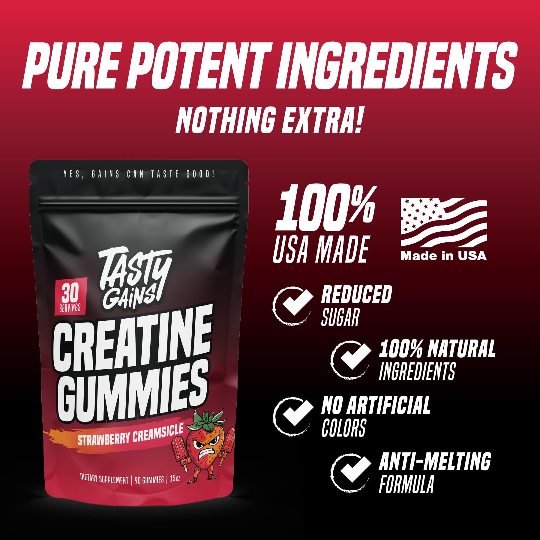 TASTY GAINS creatine gummies aid recovery between sets.