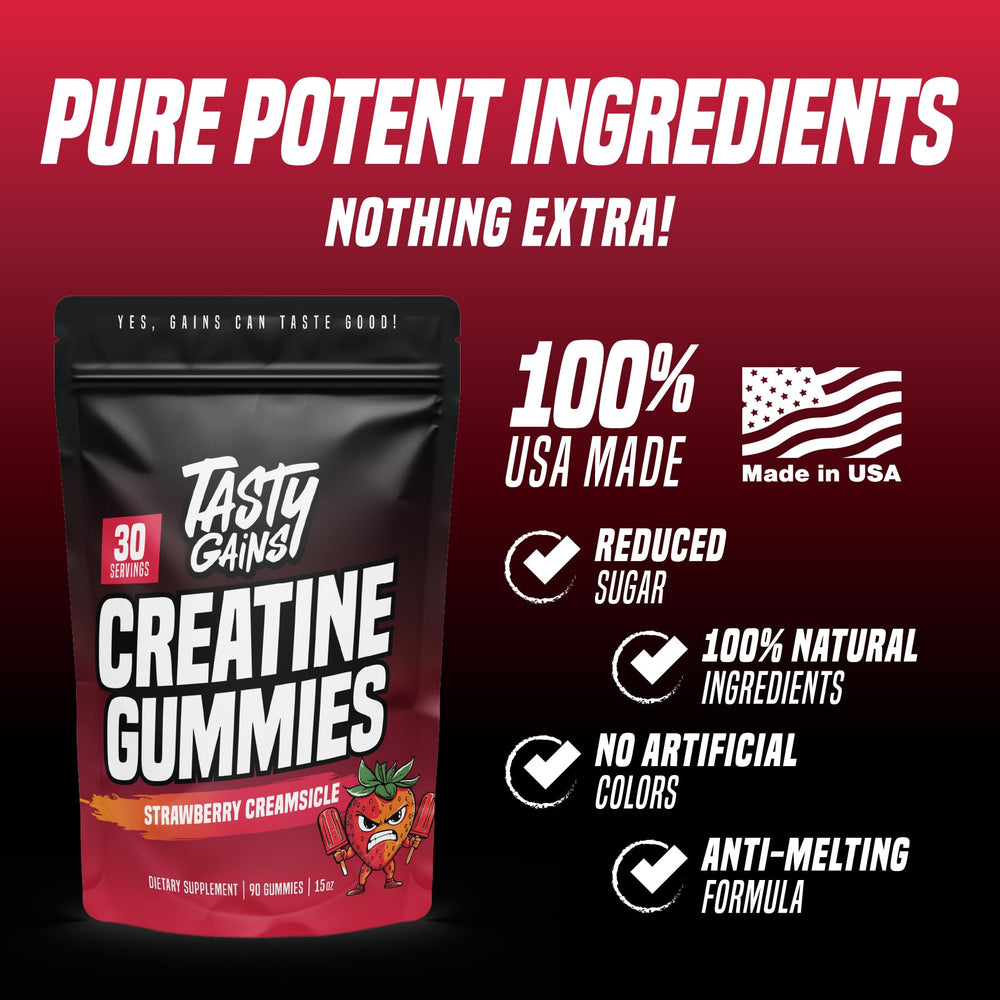 TASTY GAINS creatine gummies aid recovery between sets.