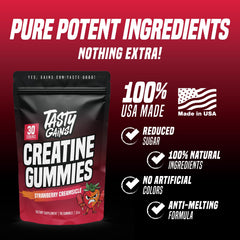 TASTY GAINS creatine gummies aid recovery between sets.
