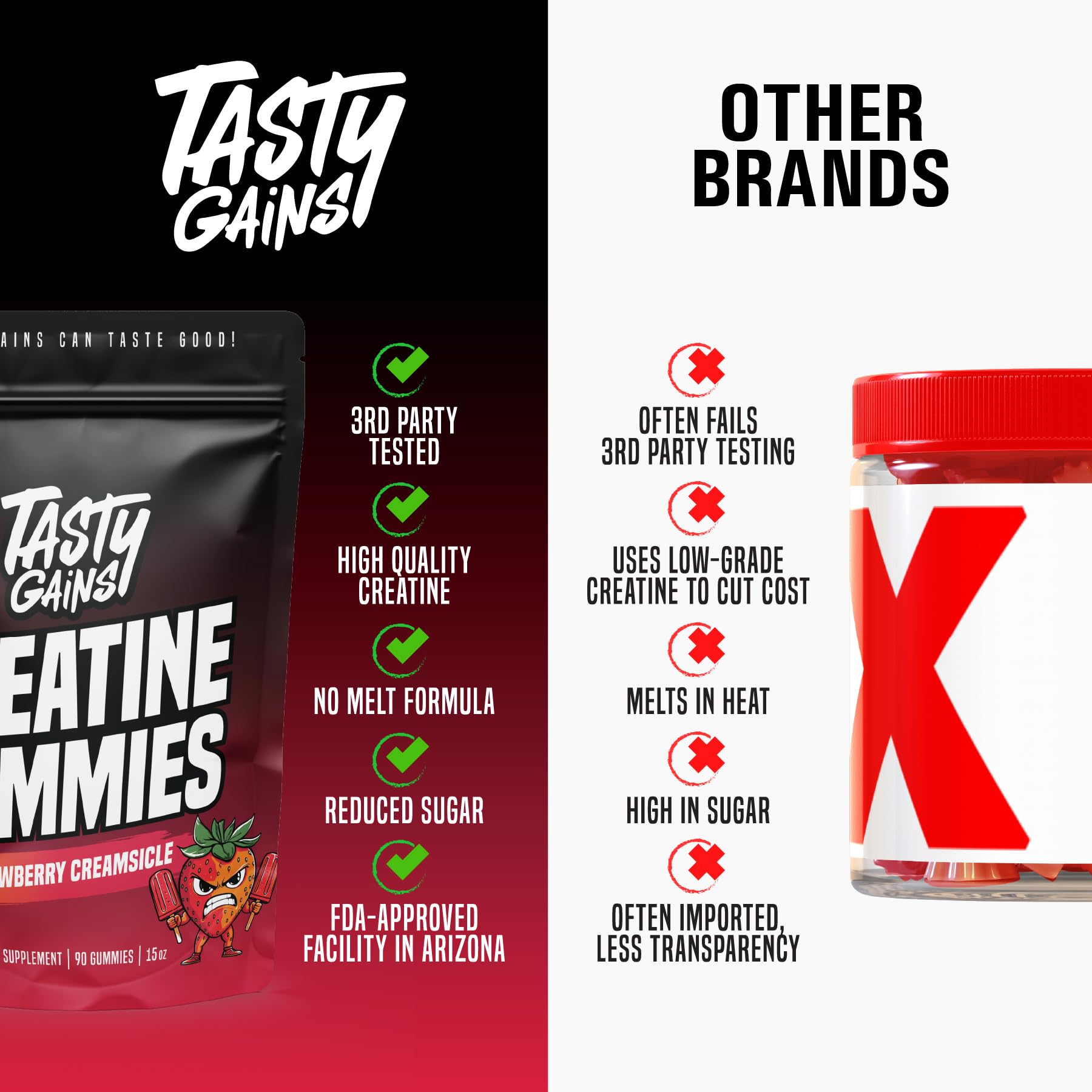 TASTY GAINS creatine gummies made in the USA for quality.