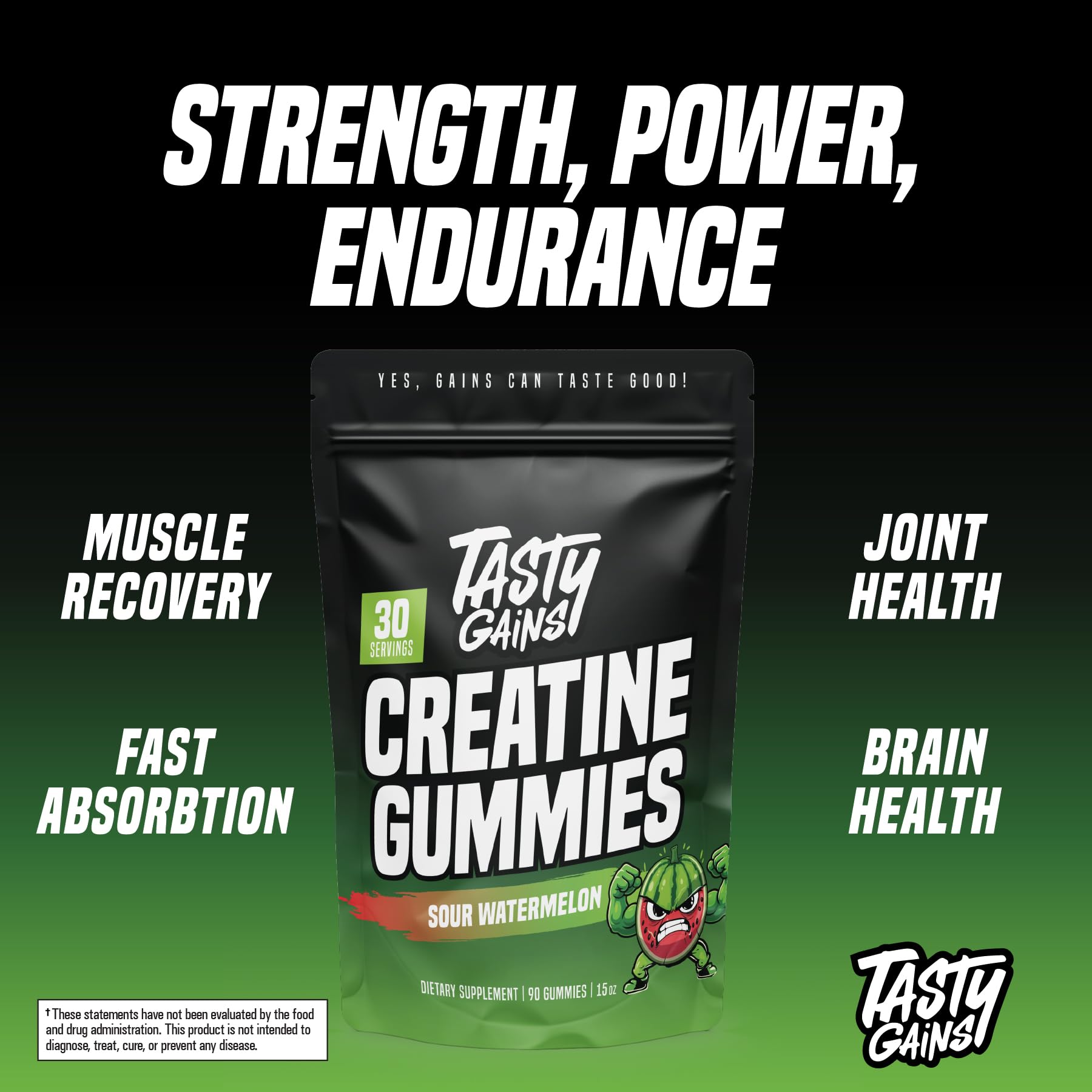 Vegan and gluten-free badge on TASTY GAINS Creatine Gummies packaging.