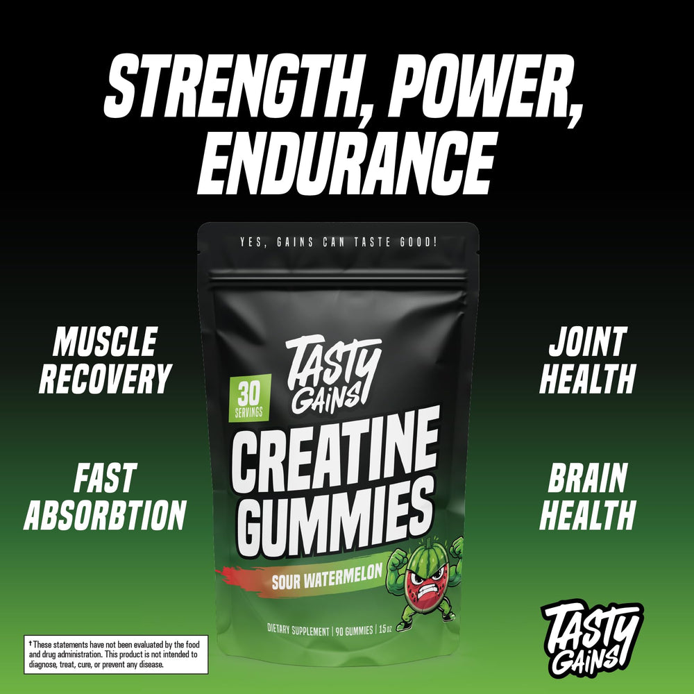 Vegan and gluten-free badge on TASTY GAINS Creatine Gummies packaging.
