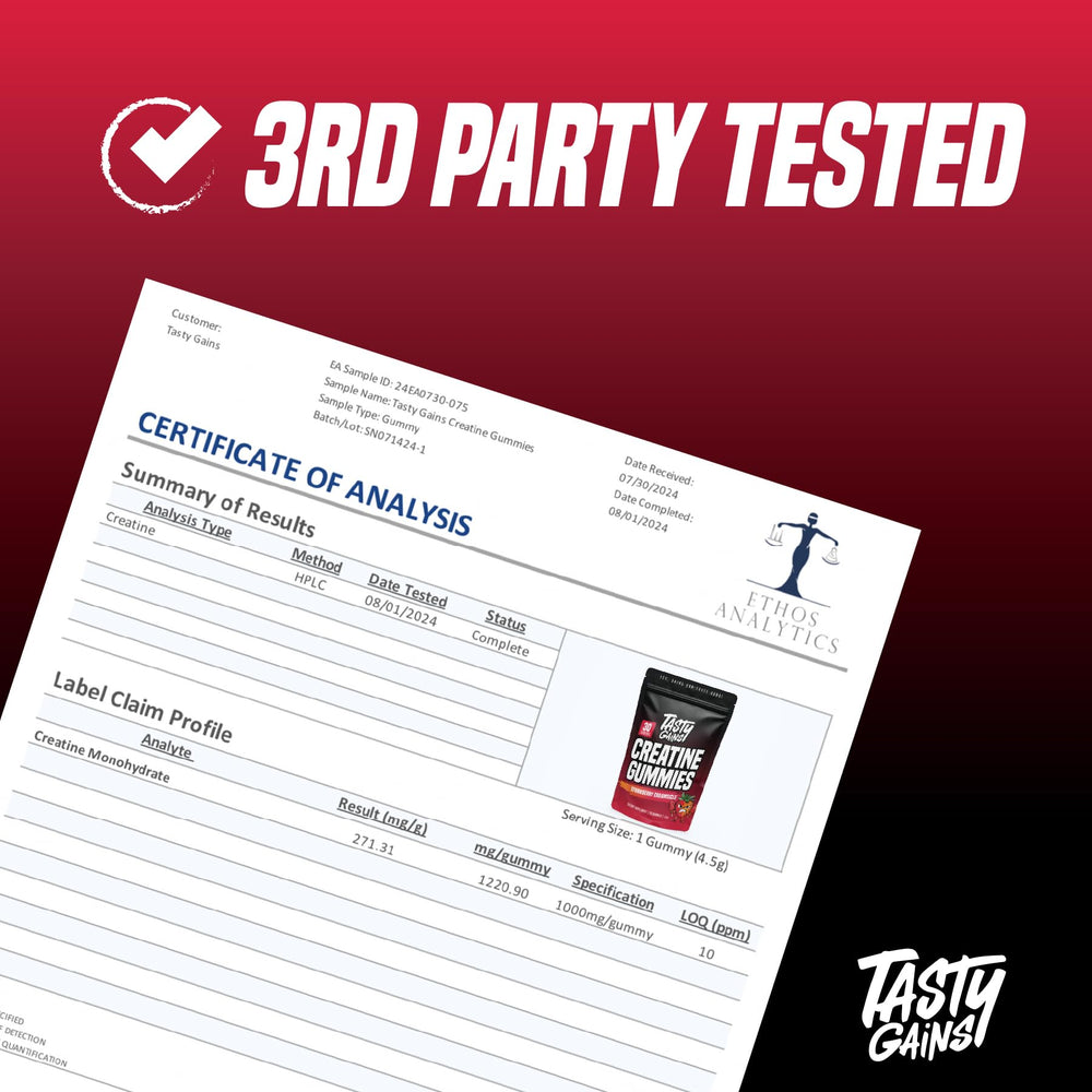 TASTY GAINS creatine gummies boost workout performance on the go.