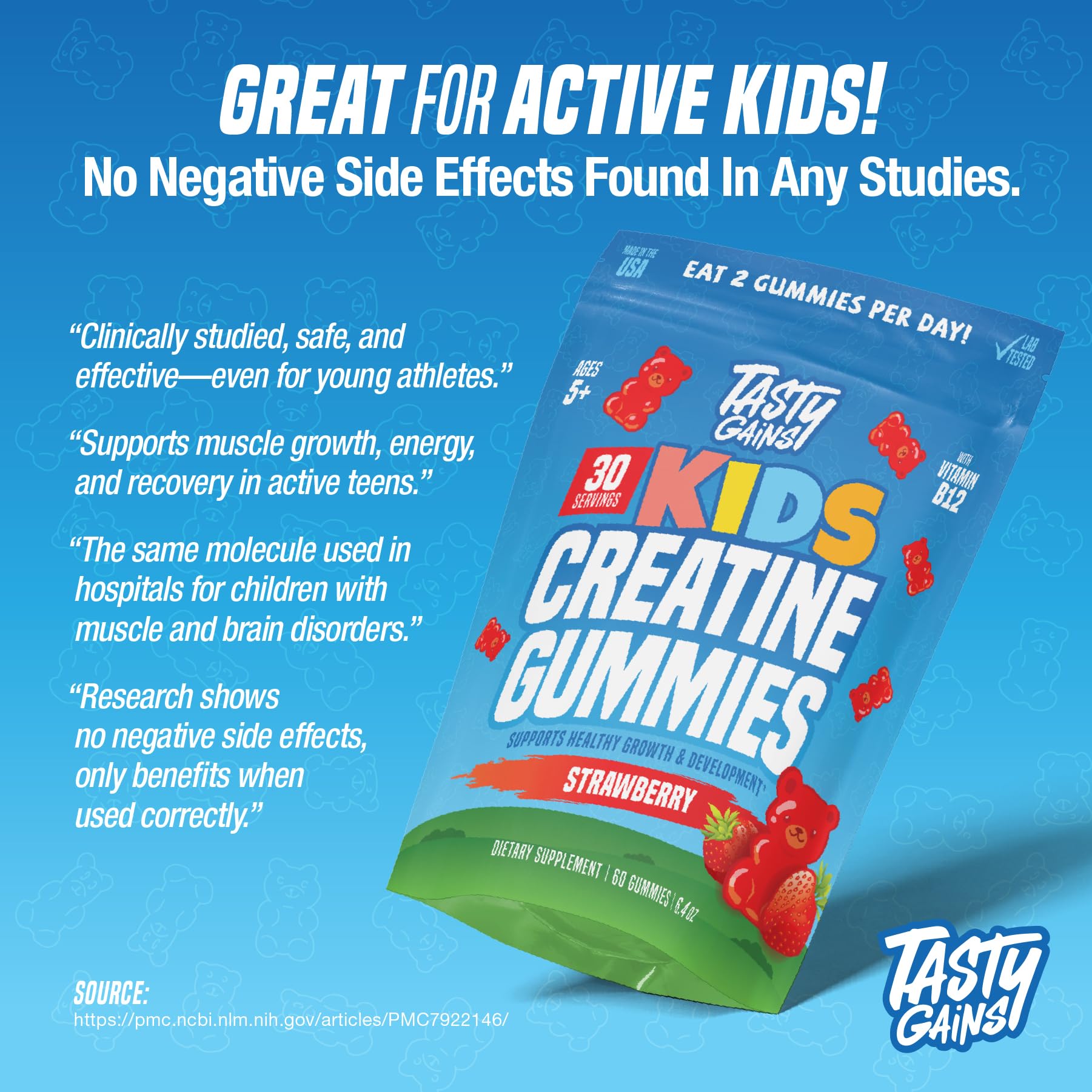 TASTY GAINS bottle label highlights Vitamin B12 and USA-made quality.